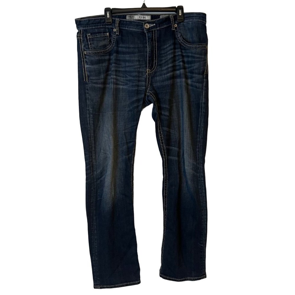 BKE Blue Jeans Mens 38L Ryan Straight Leg Mid Rise Med Wash Repaired